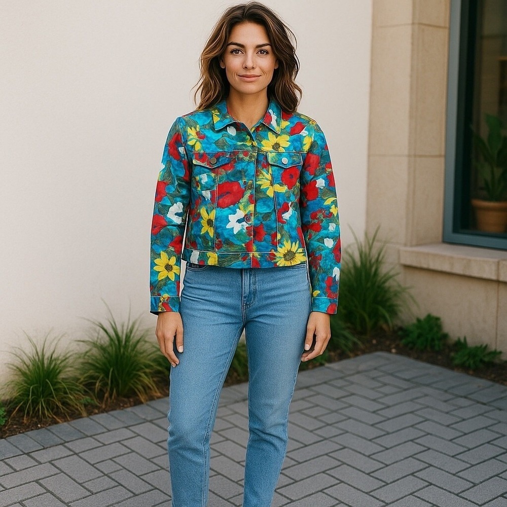 Coldwater Creek Floral Jacket Womens PL Petite Large Multicolor Cotton Art
